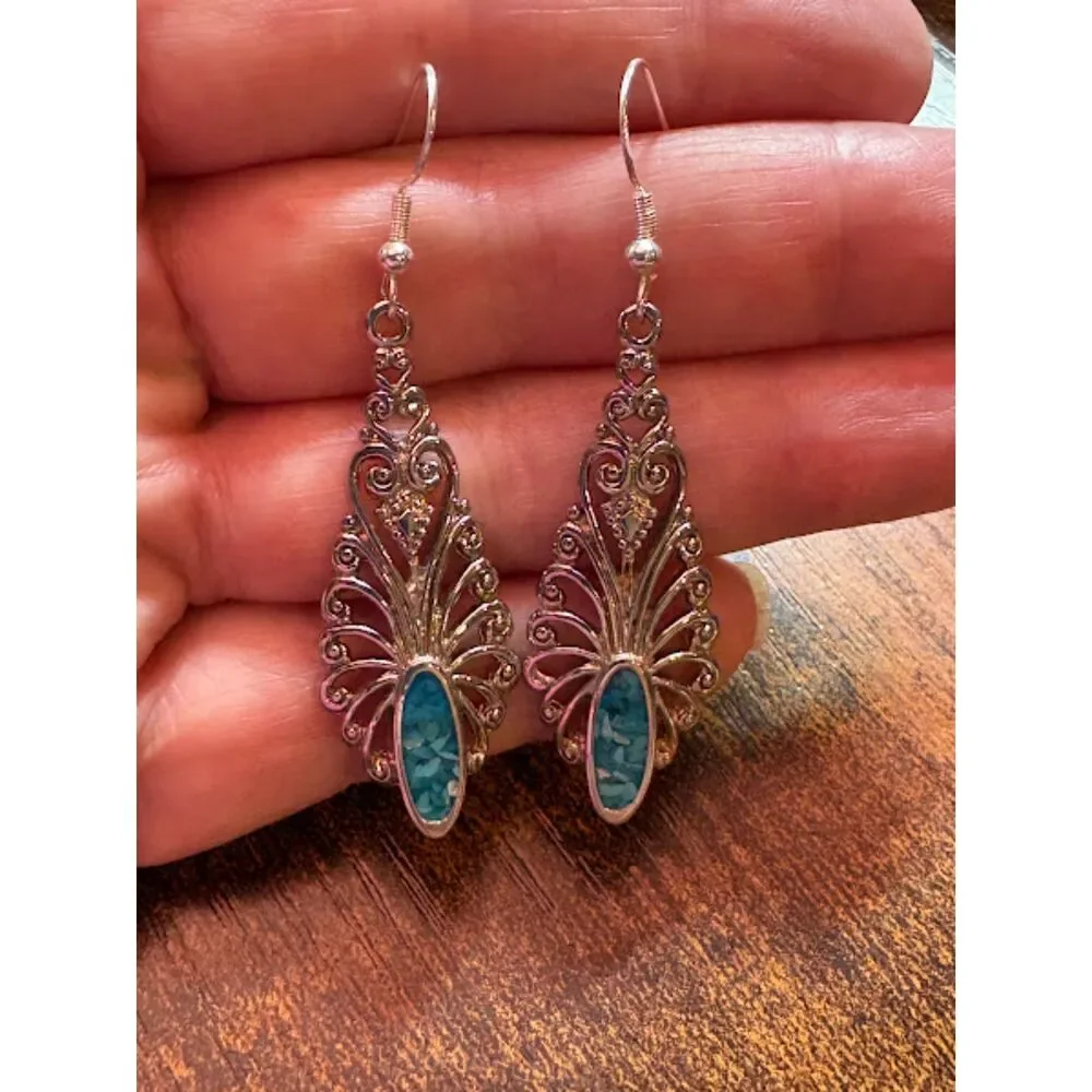 Intricate S925 Vintage Filigree Silver and Blue Marble  Earrings